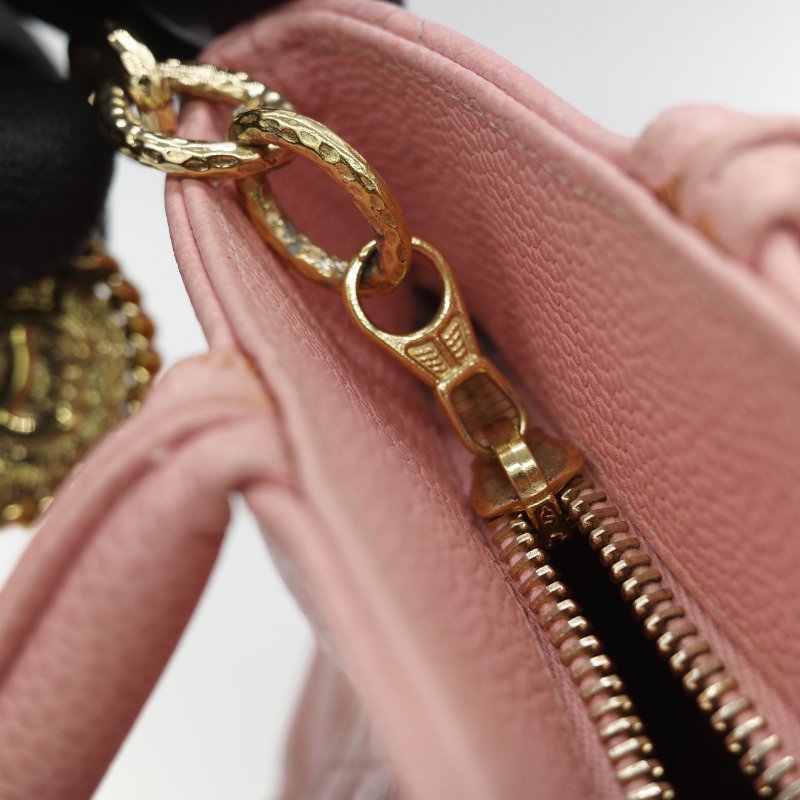 Chanel 香奈兒 希爾頓 櫻花粉 粒面牛皮 金幣包 單肩包 拉鍊 托特包 單肩包-30