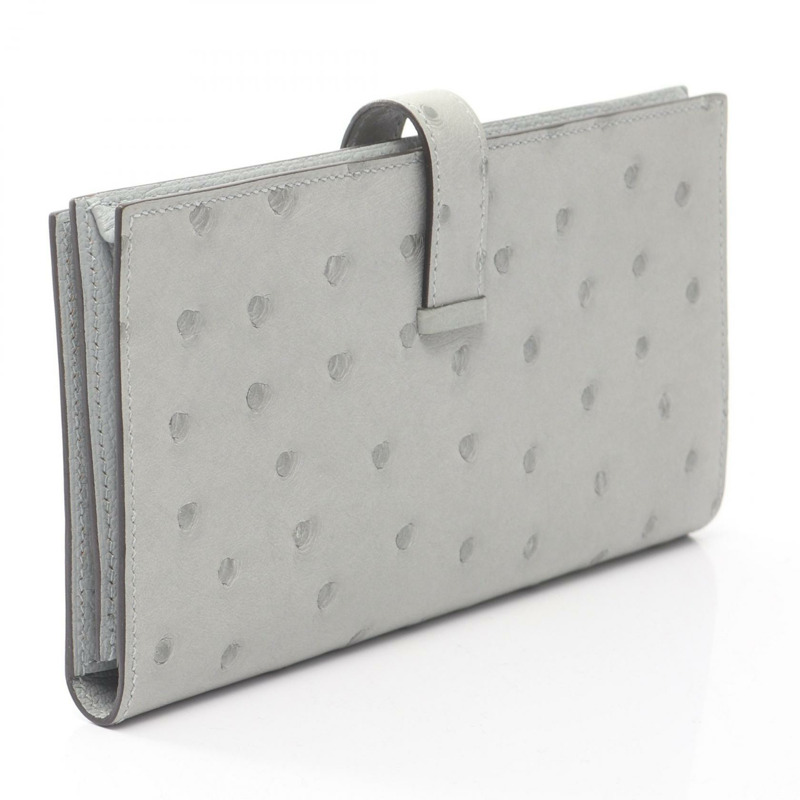 愛馬仕 Bearn Soufflet 雙折皮夾 047206CK 鴕鳥皮 藍色冰川色 SHW-1