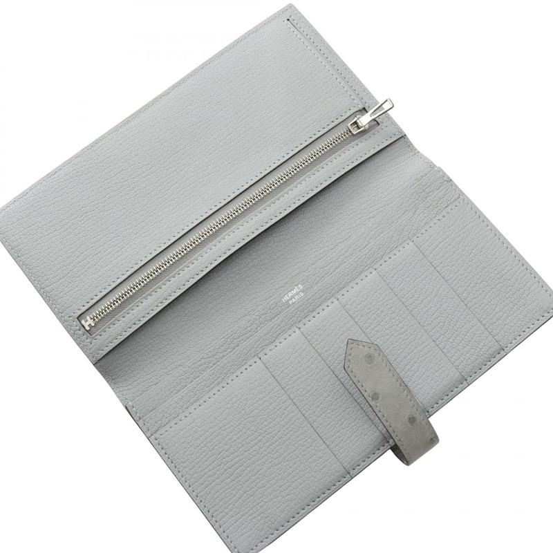 愛馬仕 Bearn Soufflet 雙折皮夾 047206CK 鴕鳥皮 藍色冰川色 SHW-2