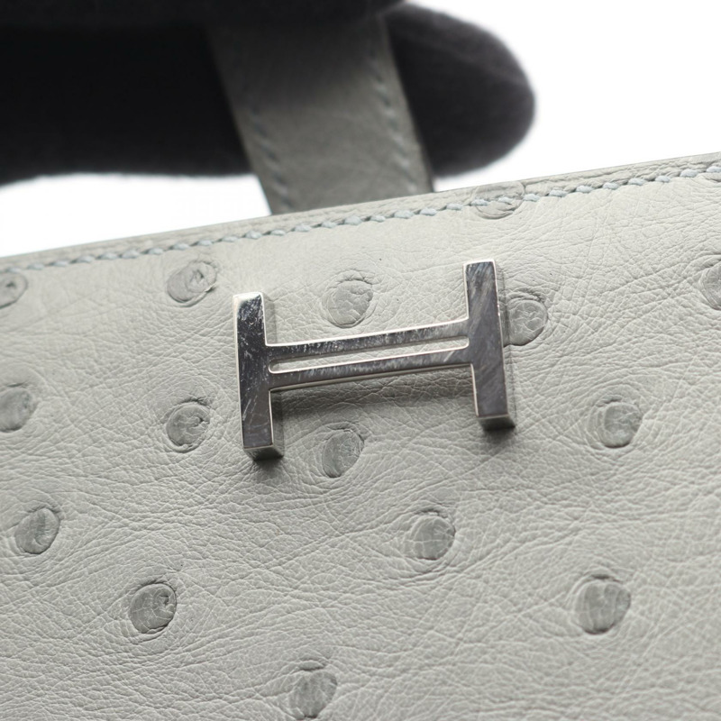 愛馬仕 Bearn Soufflet 雙折皮夾 047206CK 鴕鳥皮 藍色冰川色 SHW-7