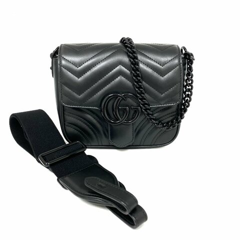 △ Gucci 古馳 Black Calfskin GG Marmont Square Chain Shoulder Bag 739681 黑色小牛皮鎖鏈肩背袋 - 267004724