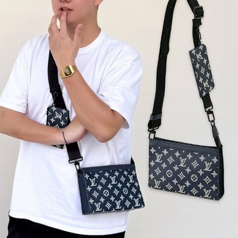 Louis Vuitton Gaston 壓紋牛皮二合一斜背包(M83384-藍)