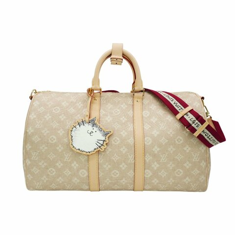 Louis Vuitton Keepall 45 貓咪吊牌丹寧布拚牛皮二用斜背包(M25787-米)