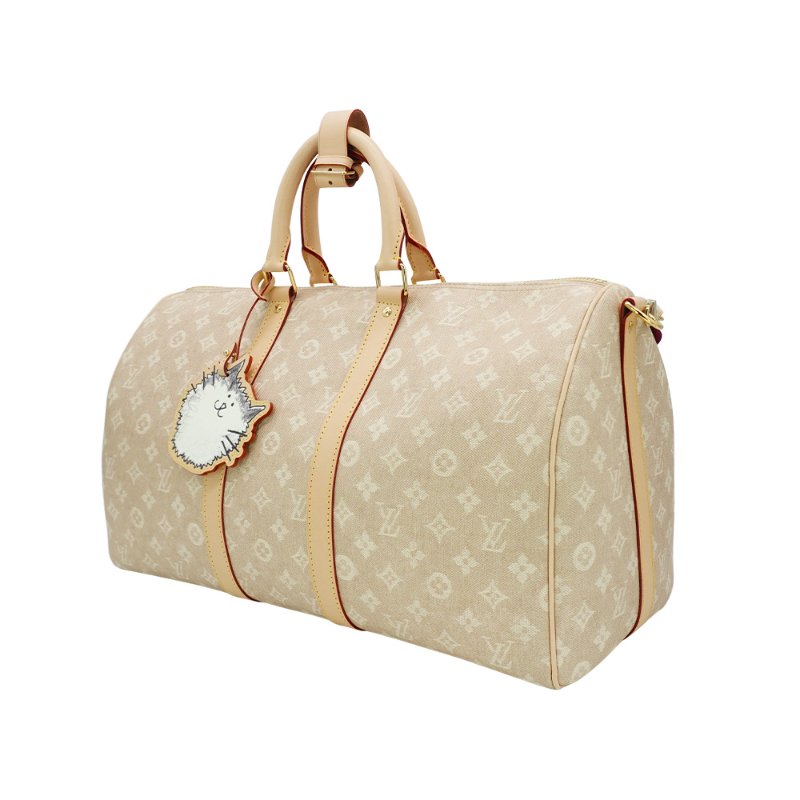 Louis Vuitton Keepall 45 貓咪吊牌丹寧布拚牛皮二用斜背包(M25787-米)-1
