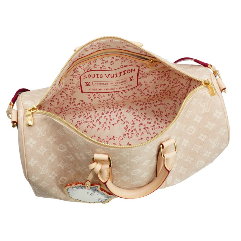 Louis Vuitton Keepall 45 貓咪吊牌丹寧布拚牛皮二用斜背包(M25787-米)-4