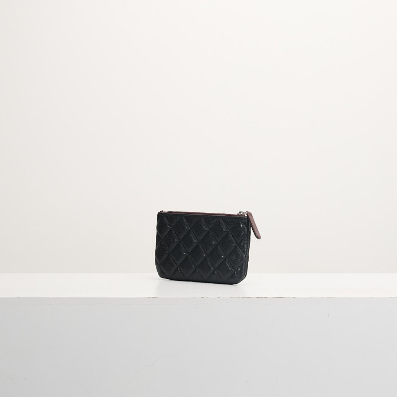 二手Chanel 一字拉鍊零錢包/黑銀牛-1