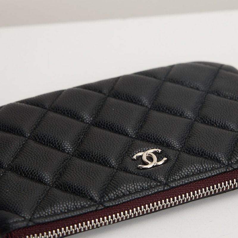 二手Chanel 一字拉鍊零錢包/黑銀牛-9