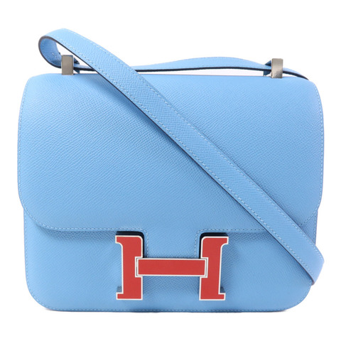 HERMES Epsom皮革Constance 24銀扣肩背袋Bleu du Nord/Rouge de Coeur