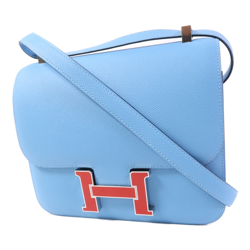 HERMES Epsom皮革Constance 24銀扣肩背袋Bleu du Nord/Rouge de Coeur-2