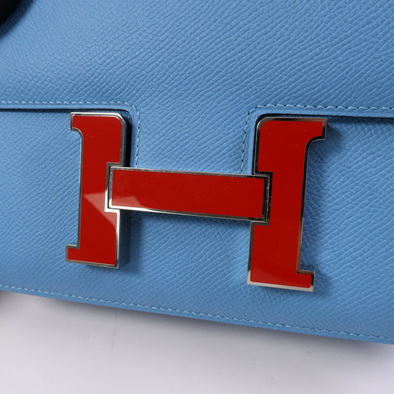 HERMES Epsom皮革Constance 24銀扣肩背袋Bleu du Nord/Rouge de Coeur-6