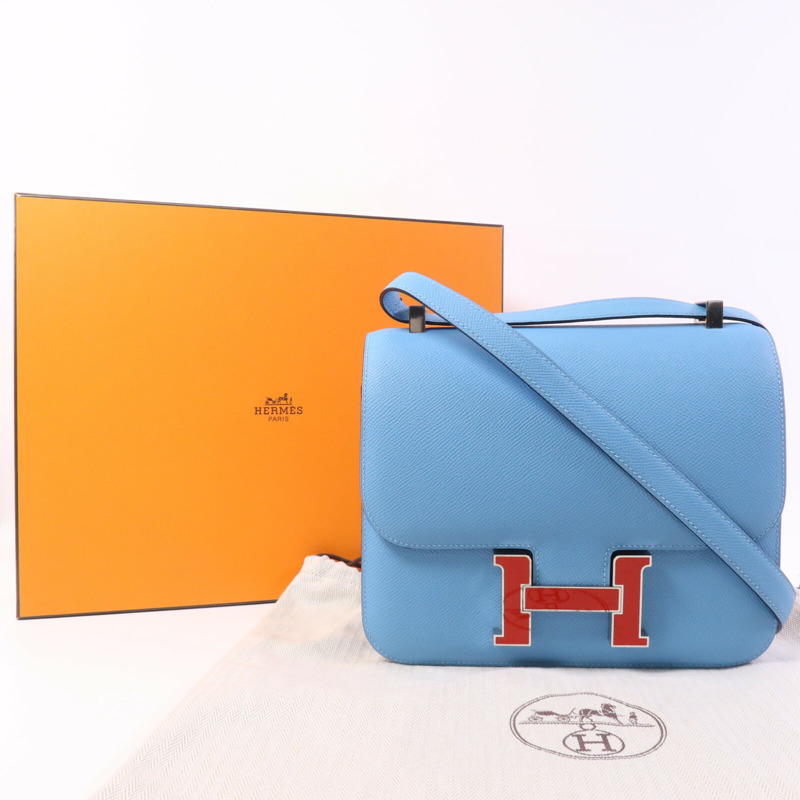 HERMES Epsom皮革Constance 24銀扣肩背袋Bleu du Nord/Rouge de Coeur-9