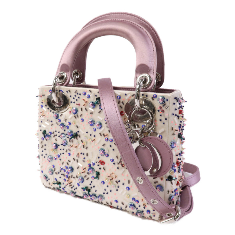 Dior 絨布/膠珠Mini Lady Dior銀扣手挽袋-2