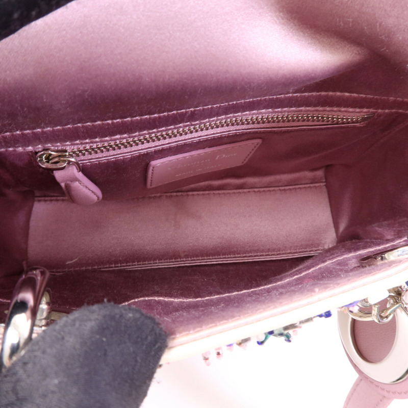 Dior 絨布/膠珠Mini Lady Dior銀扣手挽袋-4