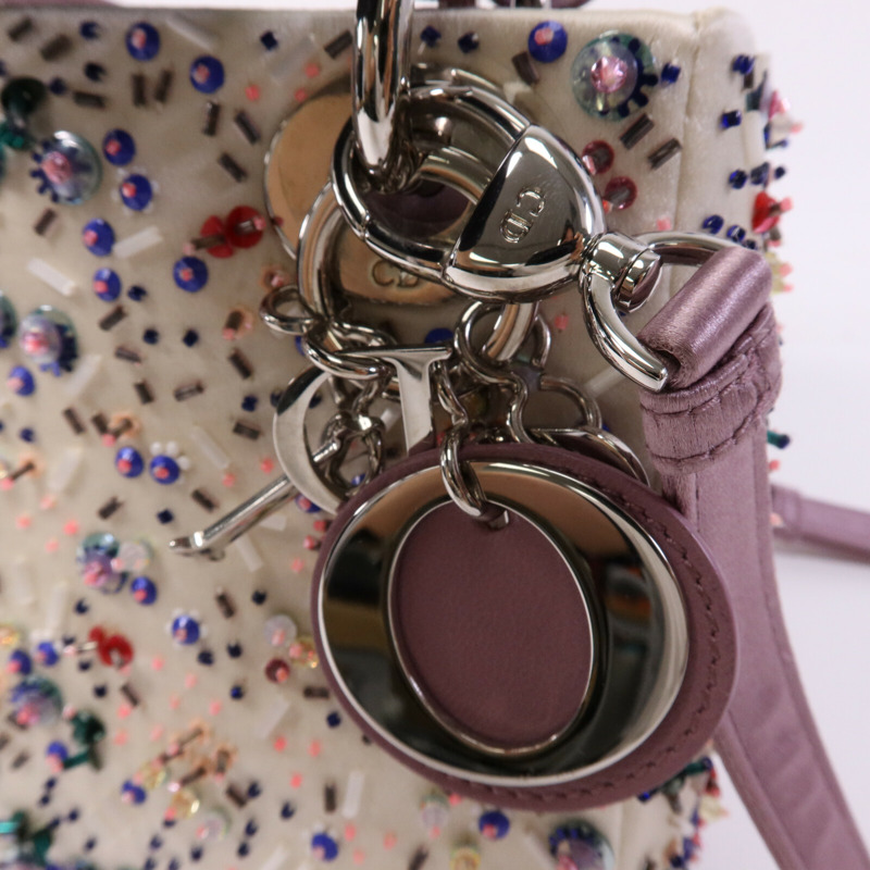 Dior 絨布/膠珠Mini Lady Dior銀扣手挽袋-6