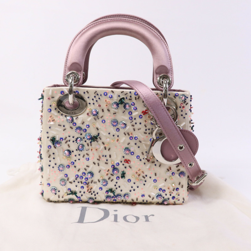 Dior 絨布/膠珠Mini Lady Dior銀扣手挽袋-9
