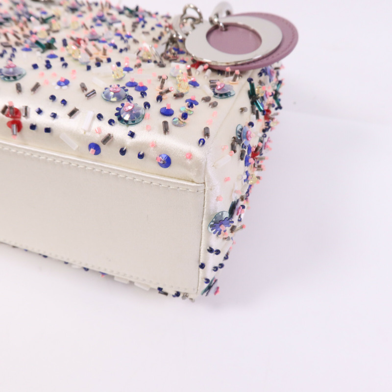 Dior 絨布/膠珠Mini Lady Dior銀扣手挽袋-10