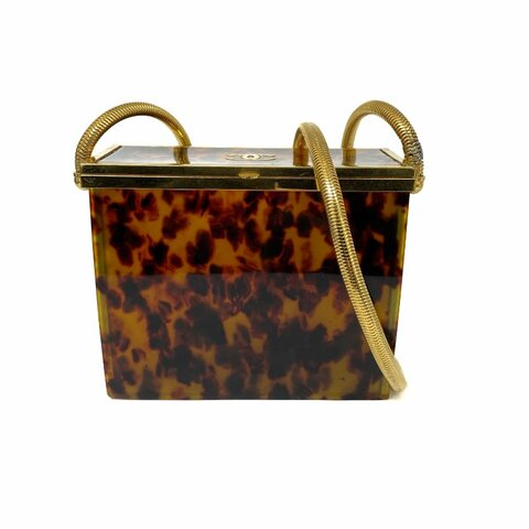 △ Chanel 香奈兒 Brown Tortoiseshell Gold Tone Metal Plexiglass CC Evening Box Chain Crossbody Bag 97P 啡色玳瑁金色金屬鎖鏈斜背盒子97P - 267005627
