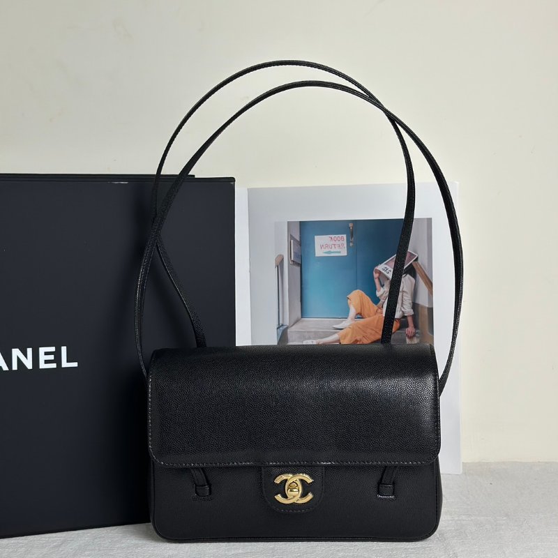 CHANEL 26P Preppy coco粒面牛皮單肩包 - 小號黑金-0