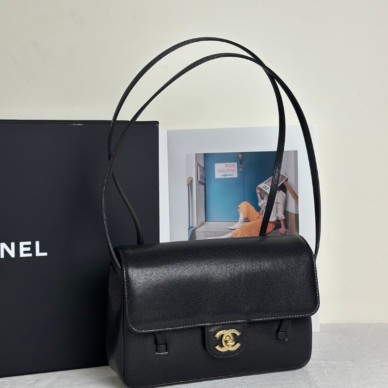 CHANEL 26P Preppy coco粒面牛皮單肩包 - 小號黑金-2