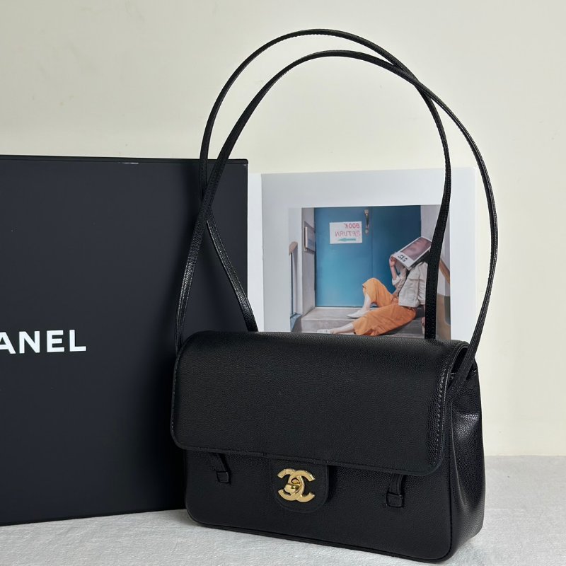 CHANEL 26P Preppy coco粒面牛皮單肩包 - 小號黑金-3