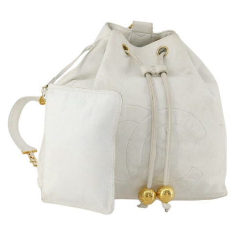 香奈兒白色金色雙C皮革雙肩包，正品編號gh1739