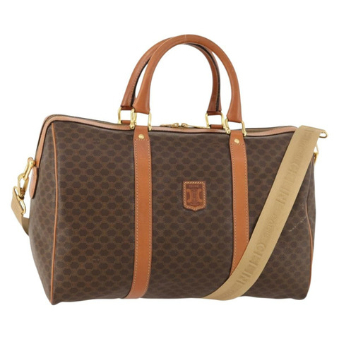 CELINE Macadam帆布波士頓包 PVC皮革 兩用 棕色金色 Auth LNZ024V