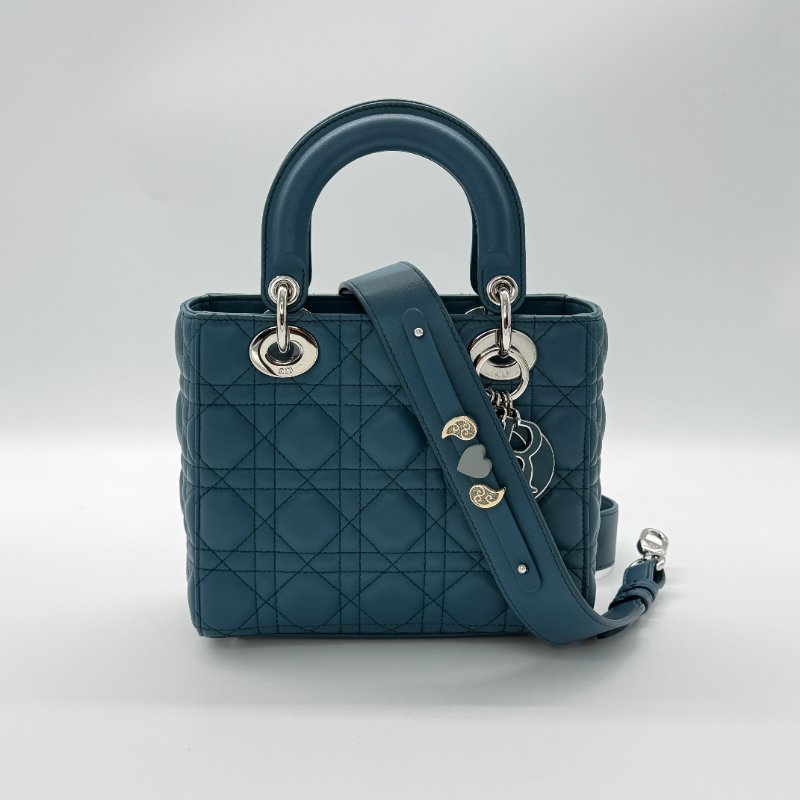 DIOR 迪奧 Lady 中型綠松石色 籐格紋 羊皮 托特肩背包-2