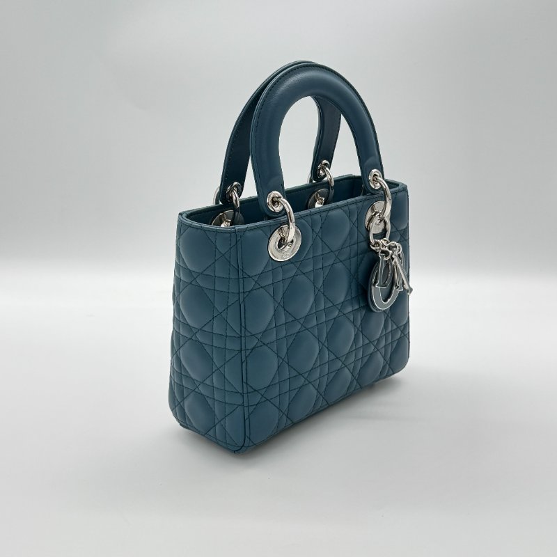 DIOR 迪奧 Lady 中型綠松石色 籐格紋 羊皮 托特肩背包-3