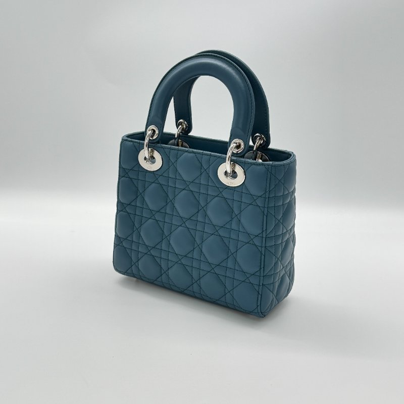 DIOR 迪奧 Lady 中型綠松石色 籐格紋 羊皮 托特肩背包-4
