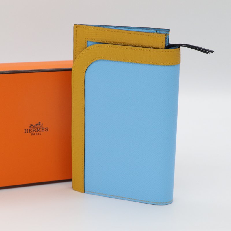 Hermès 愛馬仕 Camail 天藍色 芥黃色 拚色 Epsom 皮革長夾-1