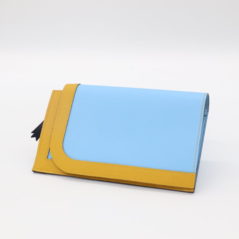 Hermès 愛馬仕 Camail 天藍色 芥黃色 拚色 Epsom 皮革長夾-2