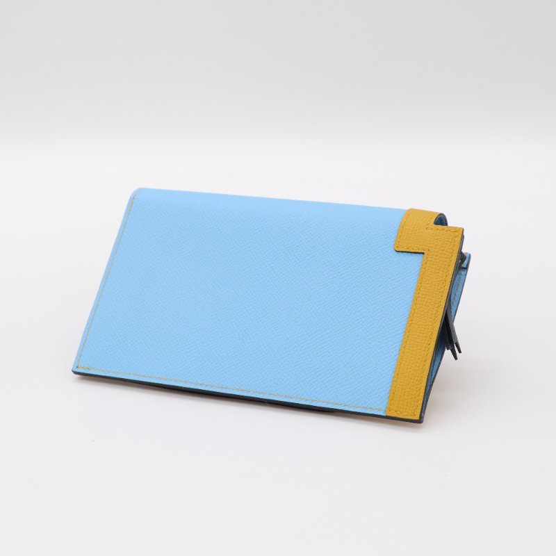 Hermès 愛馬仕 Camail 天藍色 芥黃色 拚色 Epsom 皮革長夾-3