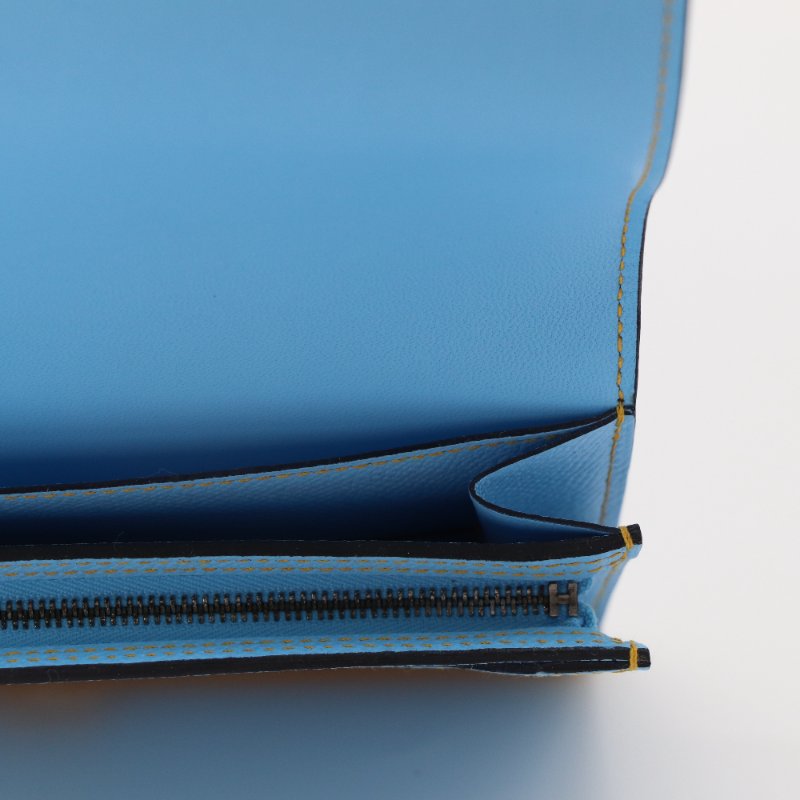 Hermès 愛馬仕 Camail 天藍色 芥黃色 拚色 Epsom 皮革長夾-9