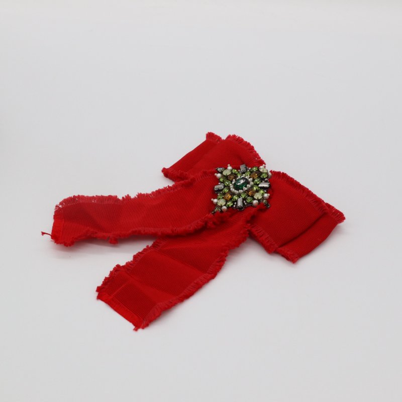 Gucci 古馳 紅色羅緞 水晶蝴蝶結 胸針-4