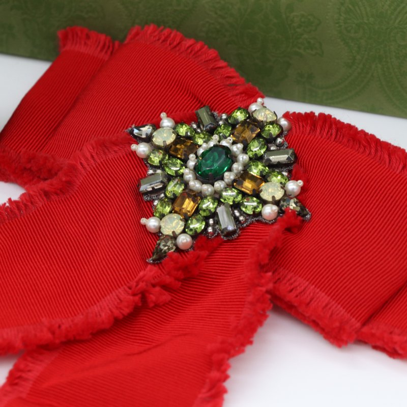 Gucci 古馳 紅色羅緞 水晶蝴蝶結 胸針-5