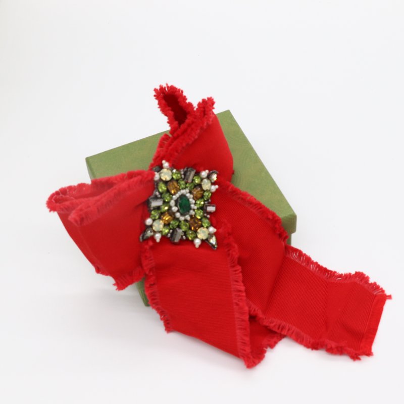 Gucci 古馳 紅色羅緞 水晶蝴蝶結 胸針-7