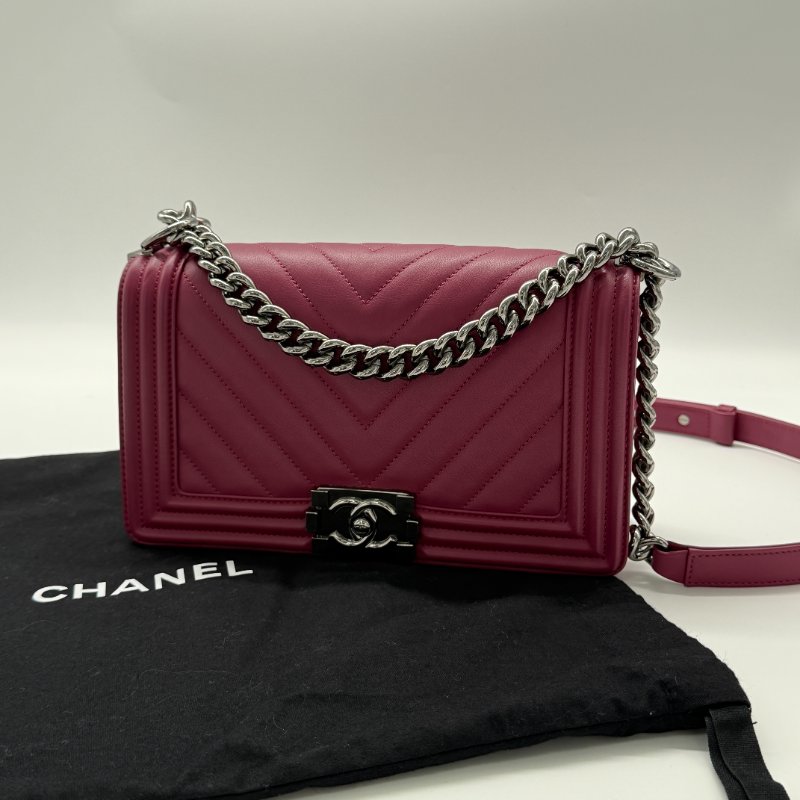 Chanel 香奈兒 Leboy 中型 25cm 人字紋 紫粉色 小牛皮 手袋 斜背包 鏈條包-1