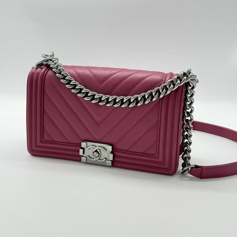 Chanel 香奈兒 Leboy 中型 25cm 人字紋 紫粉色 小牛皮 手袋 斜背包 鏈條包-2