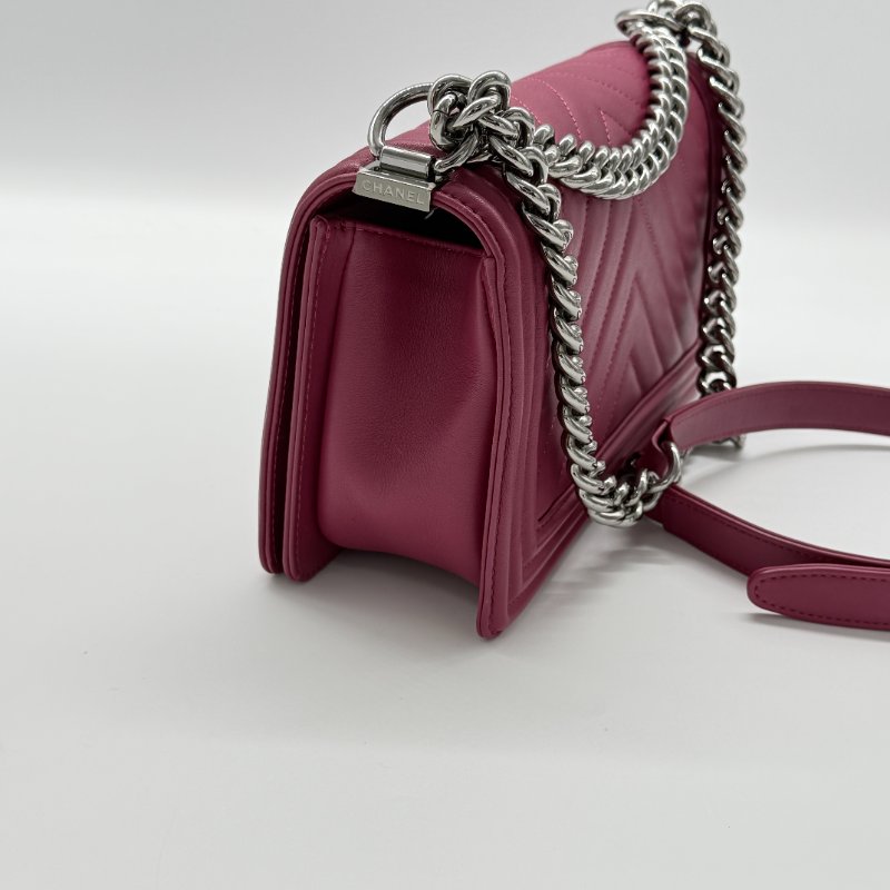 Chanel 香奈兒 Leboy 中型 25cm 人字紋 紫粉色 小牛皮 手袋 斜背包 鏈條包-5