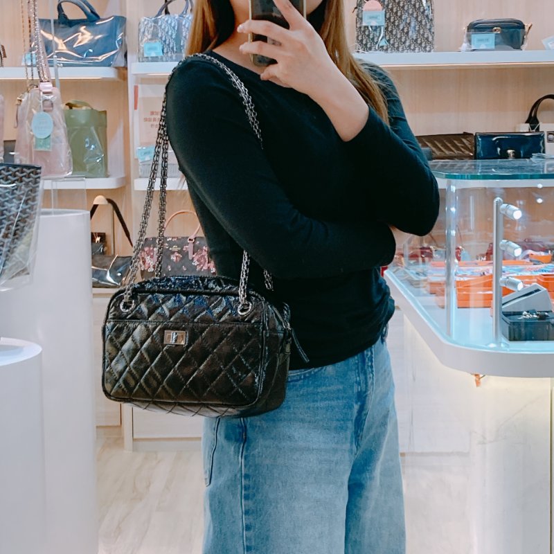 MS0593 Chanel 香奈兒 2.55 經典 相機包 單肩 漆皮 牛皮 黑色 啞銀色五金 Reissue Camera Bag Patent Calfskin Black x PHW-14