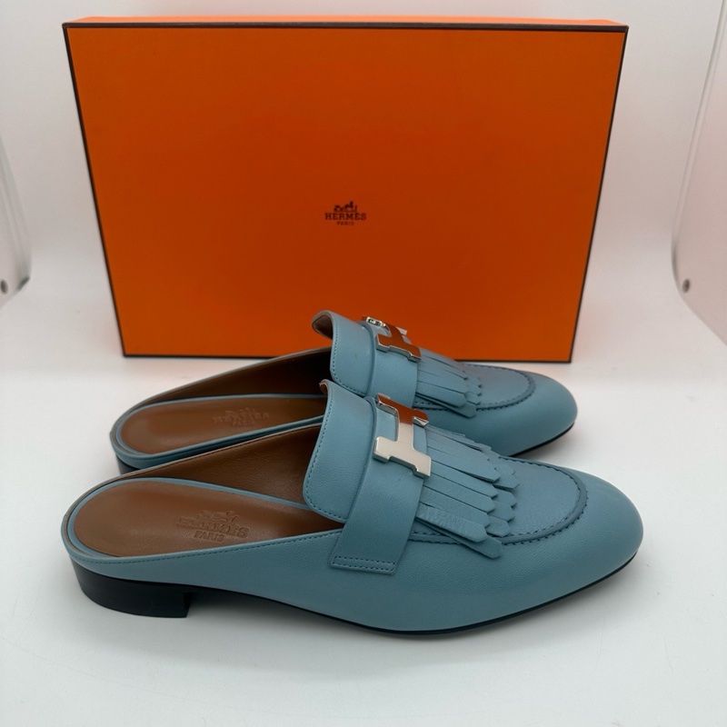 閒置未使用 Hermes 愛馬仕 康康銀扣 流蘇穆勒拖鞋 羊皮頂級皮質 女款 霧霾-0