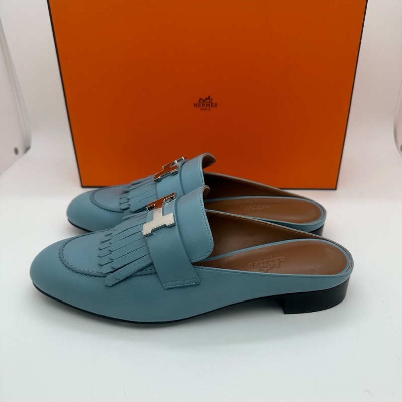 閒置未使用 Hermes 愛馬仕 康康銀扣 流蘇穆勒拖鞋 羊皮頂級皮質 女款 霧霾-2