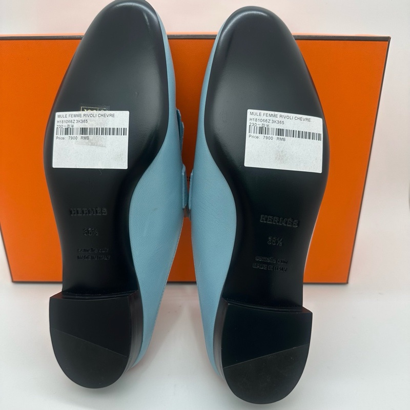 閒置未使用 Hermes 愛馬仕 康康銀扣 流蘇穆勒拖鞋 羊皮頂級皮質 女款 霧霾-4