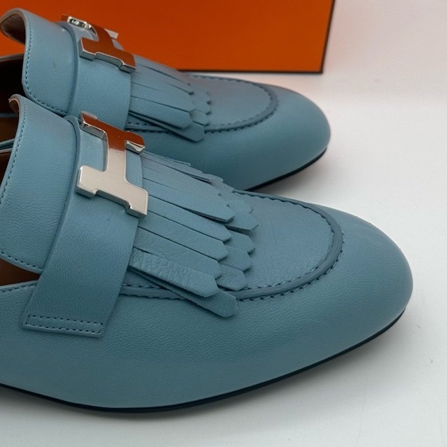 閒置未使用 Hermes 愛馬仕 康康銀扣 流蘇穆勒拖鞋 羊皮頂級皮質 女款 霧霾-7