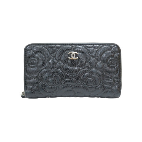 黑色 牛皮 山茶花壓紋 拉鍊中夾 【CHANEL 香奈兒】