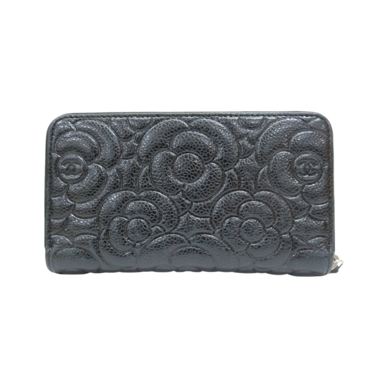 黑色 牛皮 山茶花壓紋 拉鍊中夾 【CHANEL 香奈兒】-1