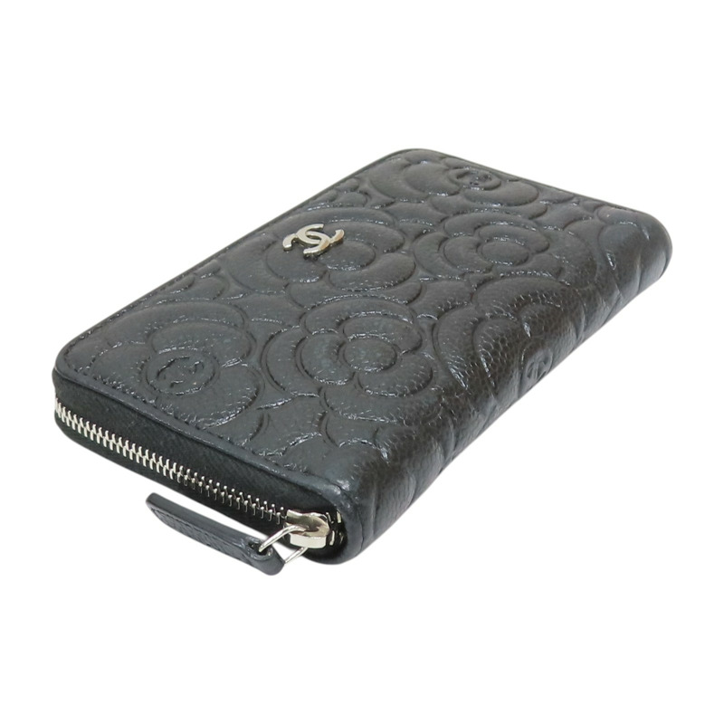 黑色 牛皮 山茶花壓紋 拉鍊中夾 【CHANEL 香奈兒】-2