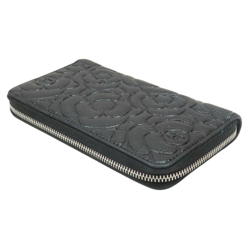 黑色 牛皮 山茶花壓紋 拉鍊中夾 【CHANEL 香奈兒】-3