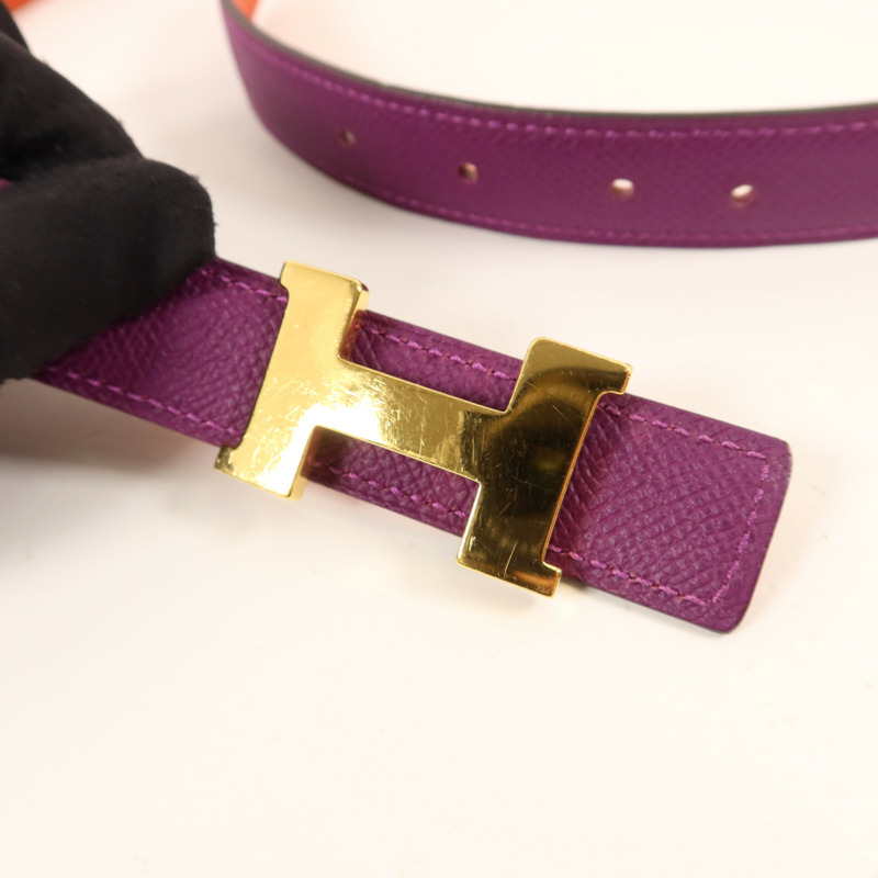 HERMES Epsom皮革H Belt金扣皮帶Anemone/Capucine-10