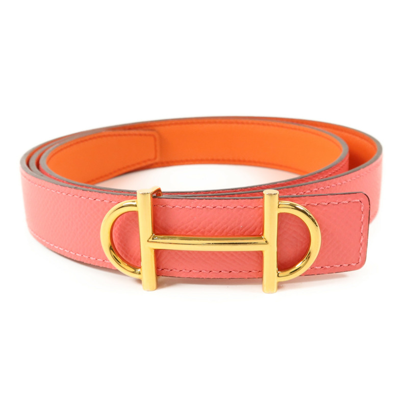 HERMES Epsom皮革Belt金扣皮帶Rose Azalee-0